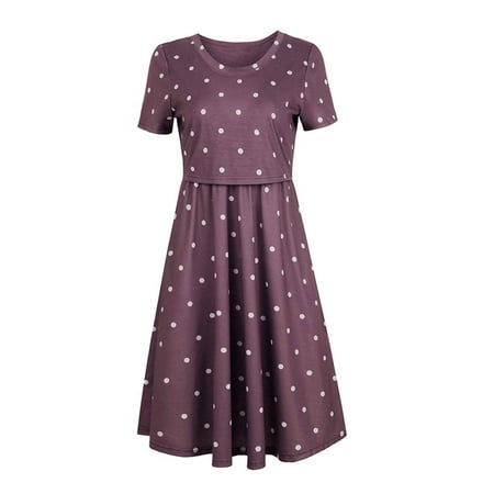 

Egmy Woman Dots Print Short Sleeve Breast-feeding Pregnant Maternity Nursing Dress