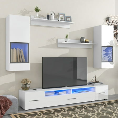 Extended, Minimalist Style 7 Pieces Floating TV Stand Set, High Gloss Wall Mounted Entertainment Center, Modern TV Stand with 16-color LED Light Strips for 90+ Inch TV, White