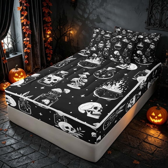 Homewish Halloween Gothic Skull Zipper Twin Comforter Sets with Fitted Sheet and 2 Pillowcases, Magical Mushroom Zipper Bedding Set, Black White, Black Reversible