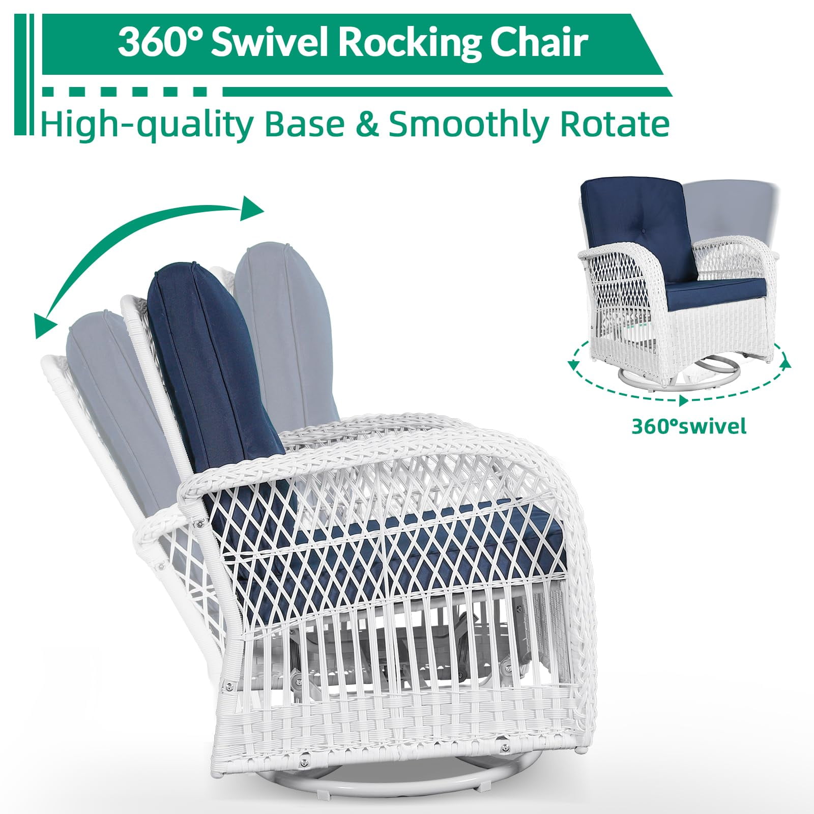VIVIJASON 3-Piece Outdoor Conversation Bistro Set, Patio Swivel Glider Rocking Chairs Rattan Furniture Sets w/ 2 White Rattan Chairs, Glass Top Side Table for Porch Backyard, Navy Blue Cushions