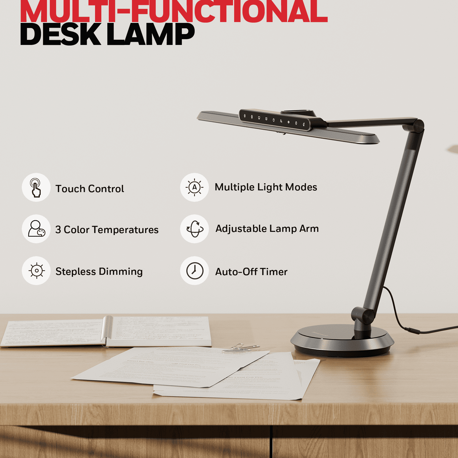LED Desk Lamp Home Office - H9 Eye Caring Desk Light, 18W 1000LM Table Lamp Dimmable with Motion Sensor, 3 Color Modes, Auto-Off Timer, Adjustable Study Reading Lamp for Desk