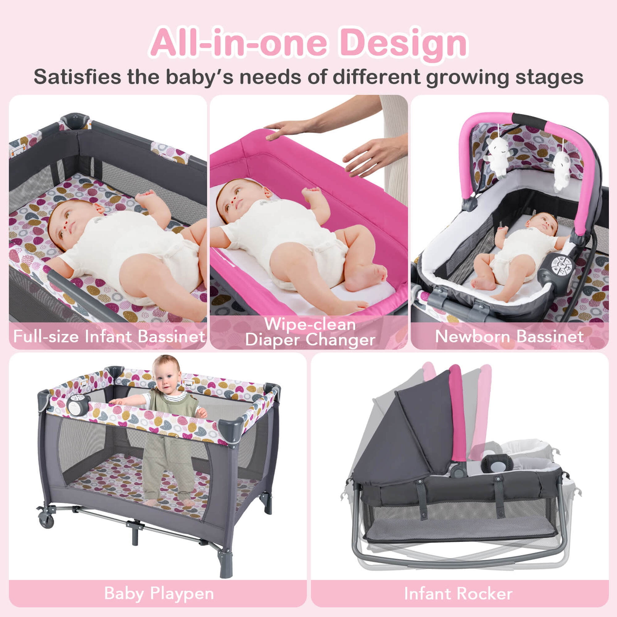 Costway 5 in 1 Bedside Bassinet with Diaper Changer Lockable Wheels & Travel Bag Rose Red