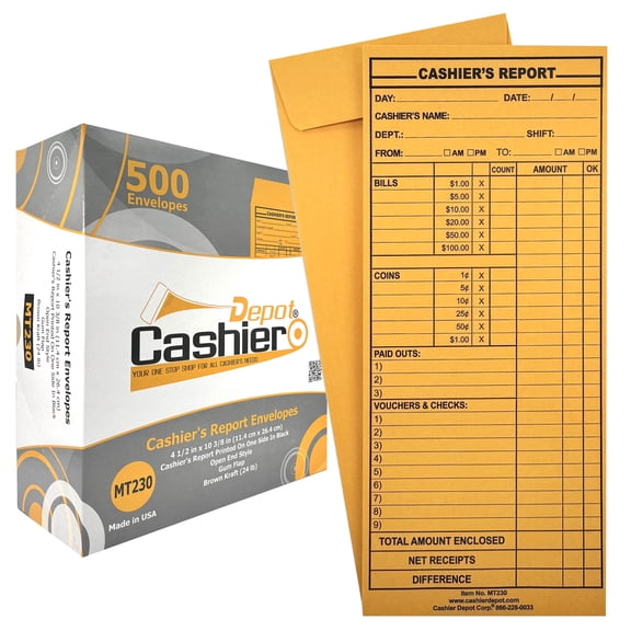 500 Cashier Depot MT230 Cashier's Report Envelope, 4 1/2" x 10 3/8", Brown Kraft 24lb., 500 Count