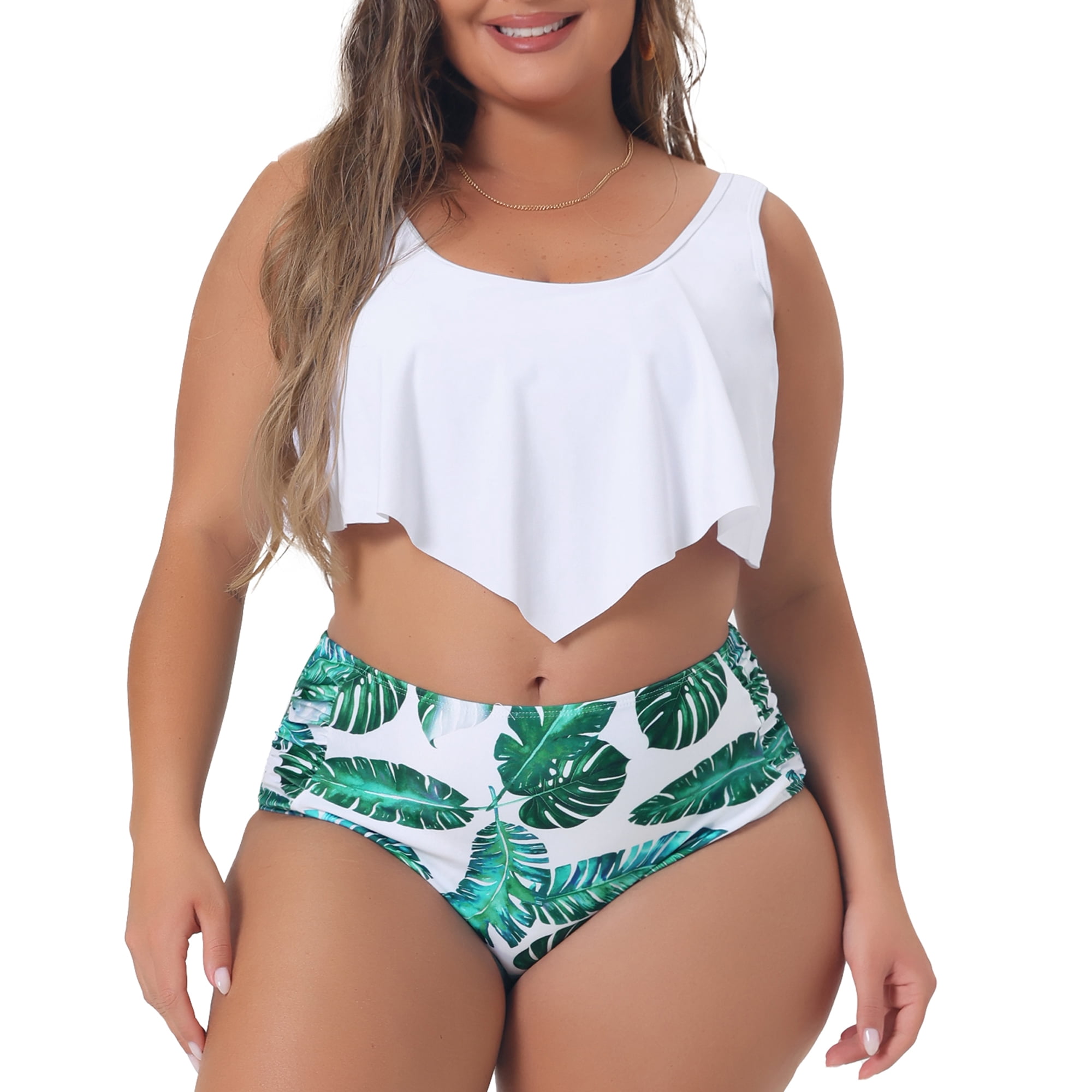 DARING DIVA Women's Plus Floral Ruffles Tankini 2pcs Bathing Suits 3X White