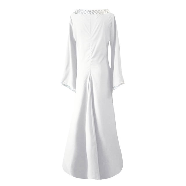 QUYUON Robes de Cocktail d'Automne pour Femmes 2023 Liquidation Manches Longues Longue Robe Maxi Robe Rétro d'Halloween Robes Longueur Thé Femmes Col Rond Midi Robe Ornée Style D-1949 Blanc 4TG