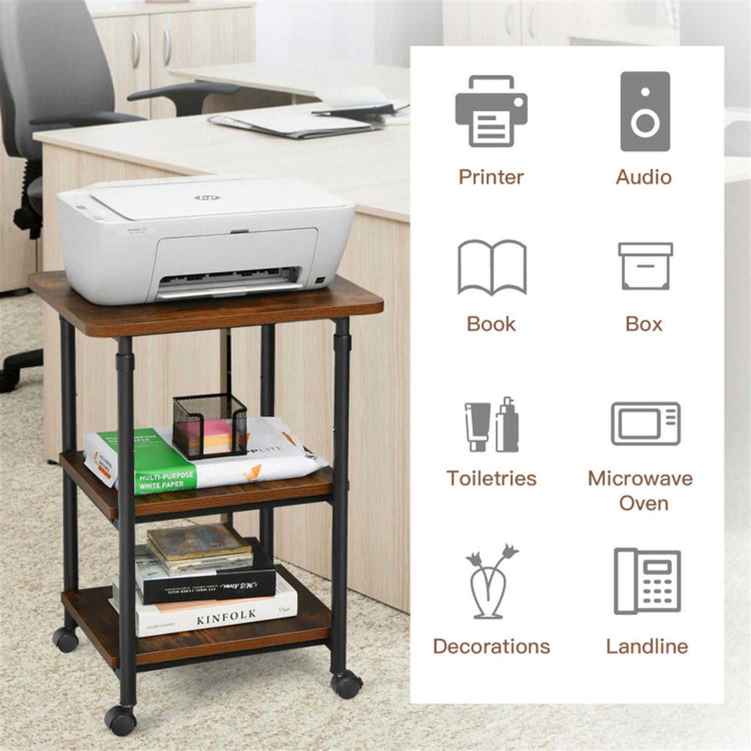 Demi Bonn 3-tier Adjustable Printer Stand with 360° Swivel Casters, Laptop Workstation for Laptops, Books, Tablets, and Art, Brown