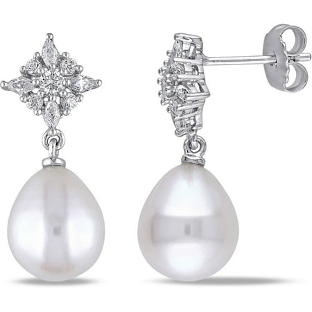 Miabella 9-9.5mm White Cultured Freshwater Pearl and 1/3 Carat T.G.W. CZ Sterling Silver Dangle Earrings