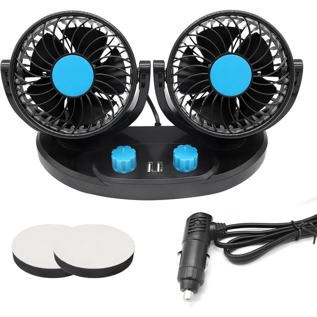 Ventilador de coche de 12 V, encendedor de cigarrillos/fuente de alimentación USB, ventilador de coche de doble cabezal y control, dos modos de velocidad, rotación de 360 grados para varios