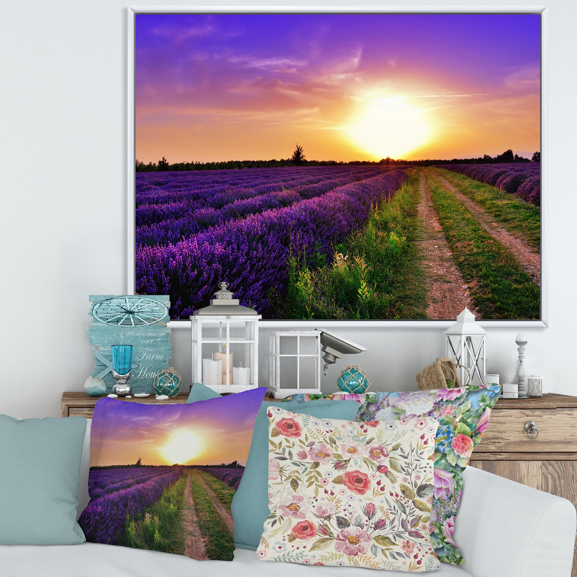 Designart 'Lavender Field At Sunrise II' Farmhouse Framed Canvas Wall Art Print