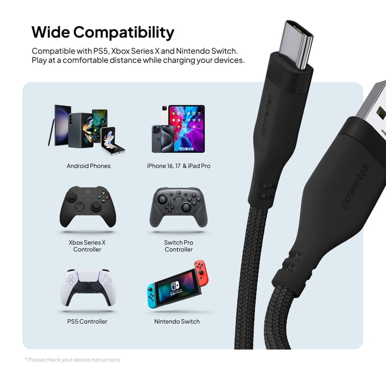 Powertek Premium Braided USB-C Cable 6ft Black photo 5