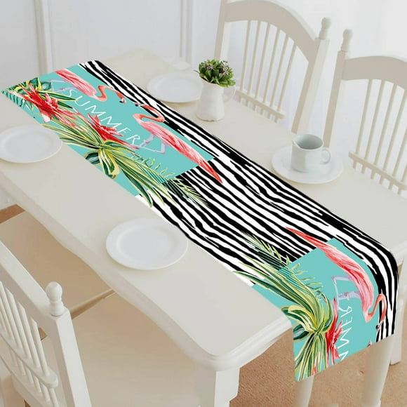 EREHome bird pink flamingo palm leaves plant flower agave slogan zebra skin table runner table cloth tea table cloth 14x72 Inch
