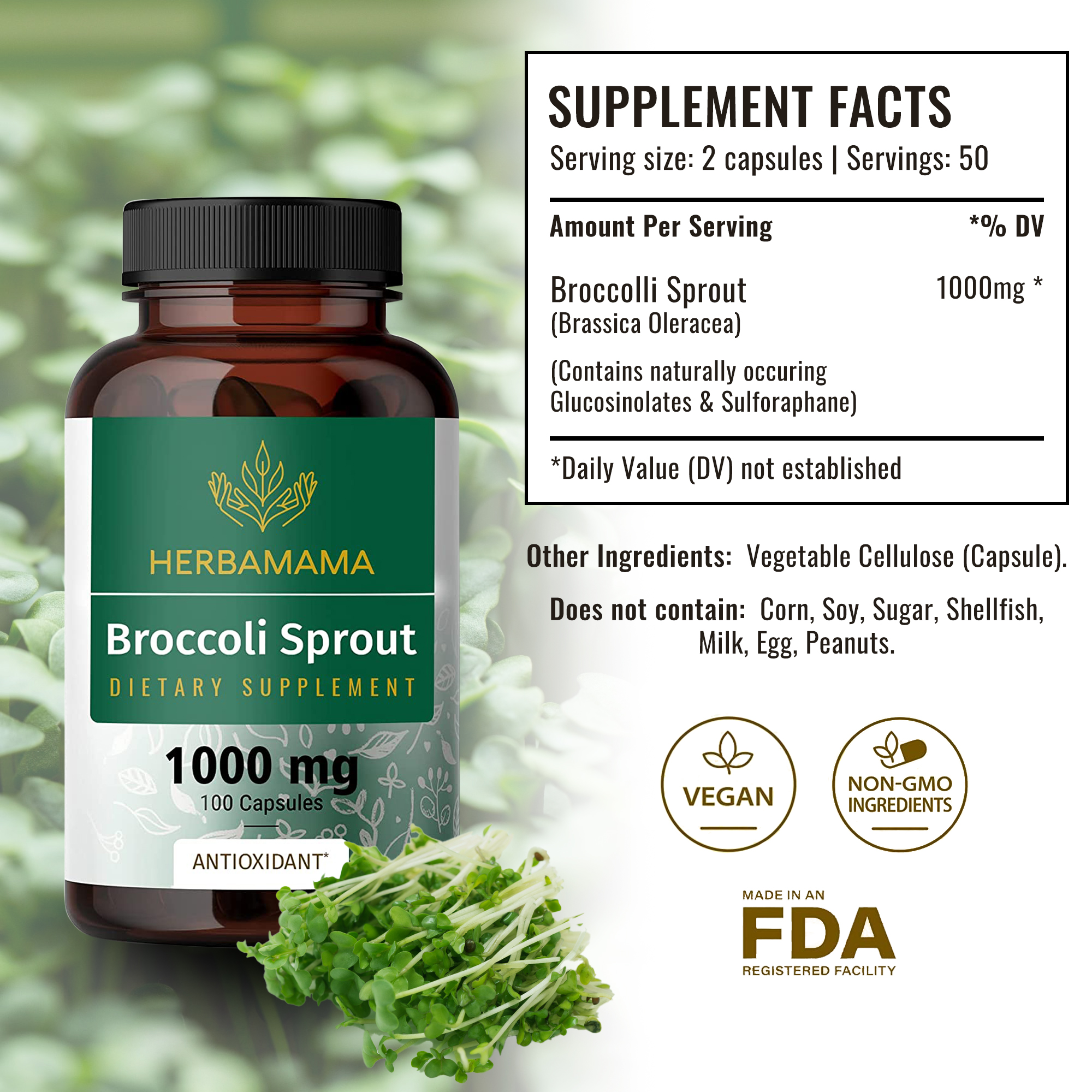 HERBAMAMA Broccoli Sprout Extract Capsules - Sulforaphane Supplement, 100 Veggie Caps - image 2 of 7
