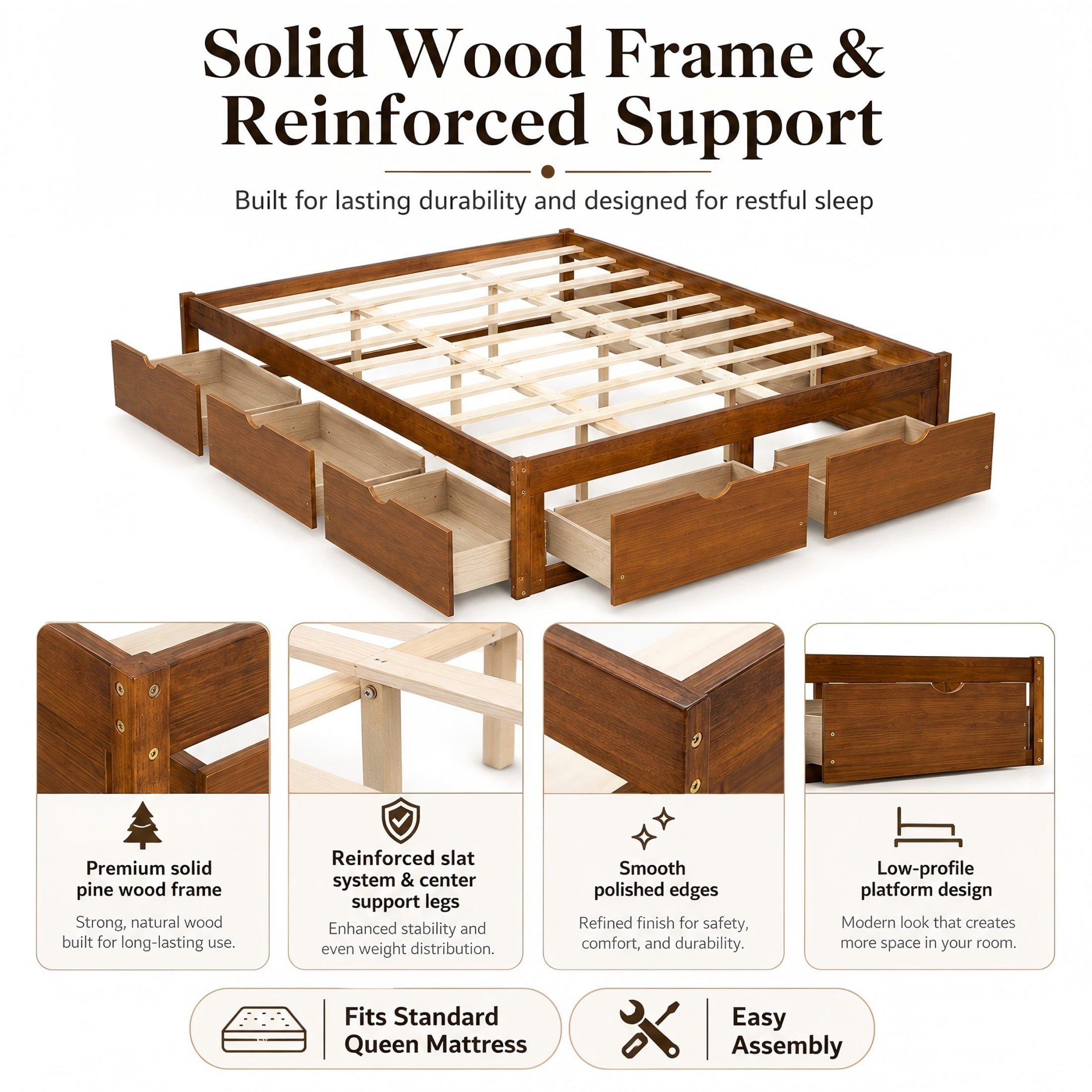 Aukfa Queen Size Bed Frame with 6 Storage Drawers, Farmhouse Captain Platform Bed, Walnut