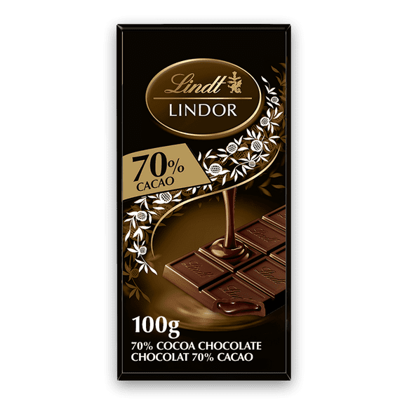 Lindt LINDOR 70% Cacao Dark Chocolate Bar, 100 Grams, 100g Chocolate Tablets