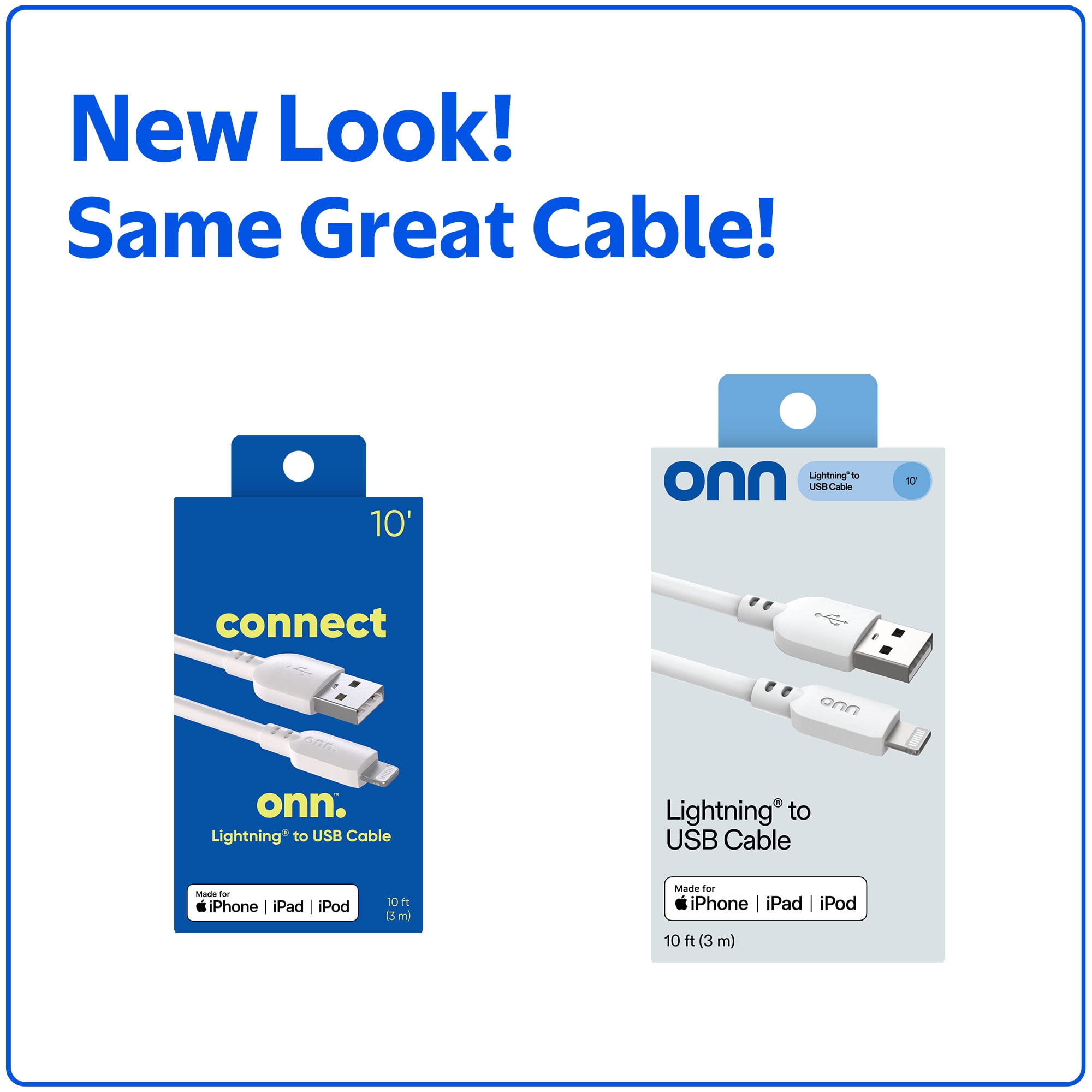 onn 10ft Lightning to USB-A Charging Cable, MFI Certified, White, Compatible with iPhone and iPad