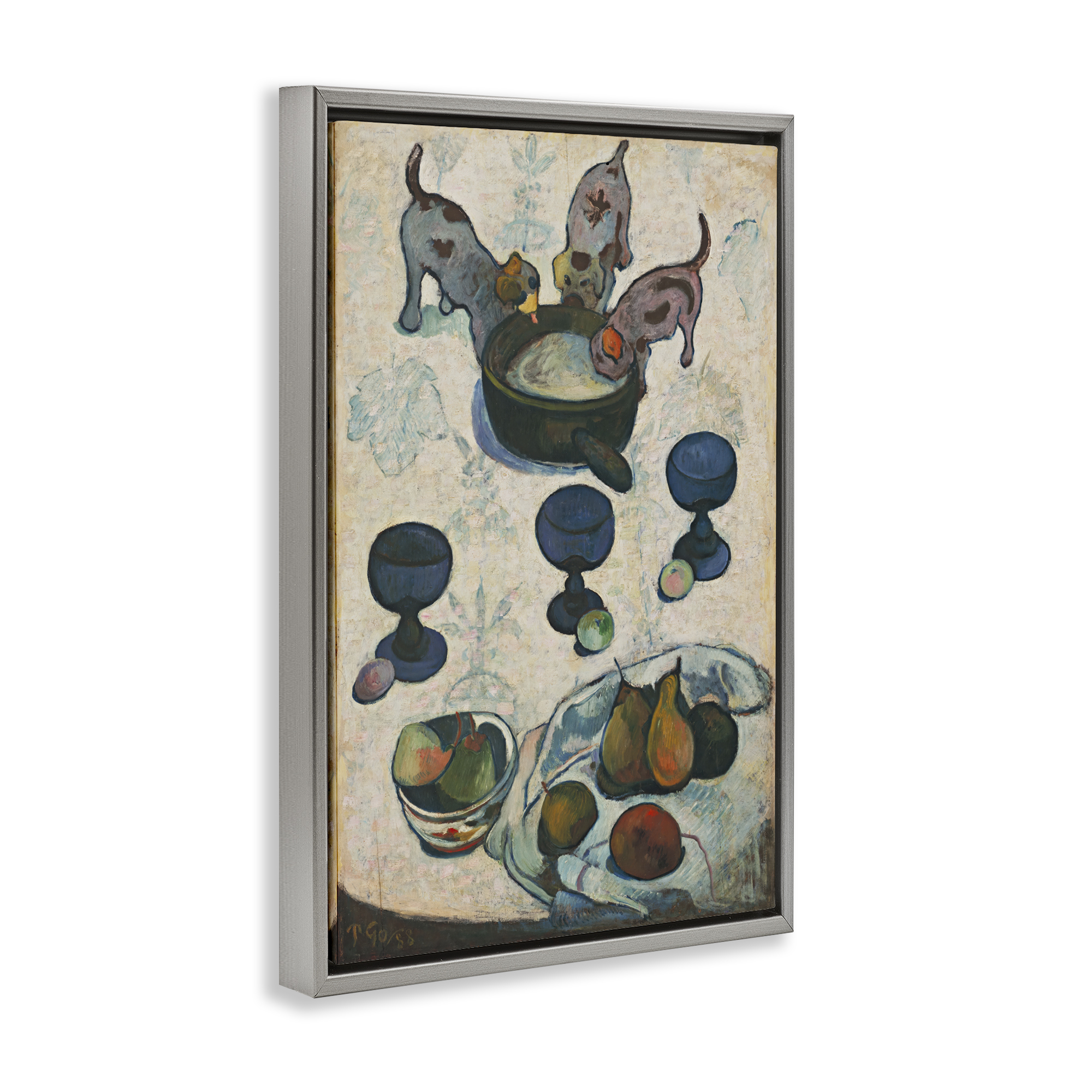 Stupell Industries Classical Still Life Three Puppies Food & Beverage Painting Gray Floater Framed Canvas Art Print Wall Art, 17 x 25