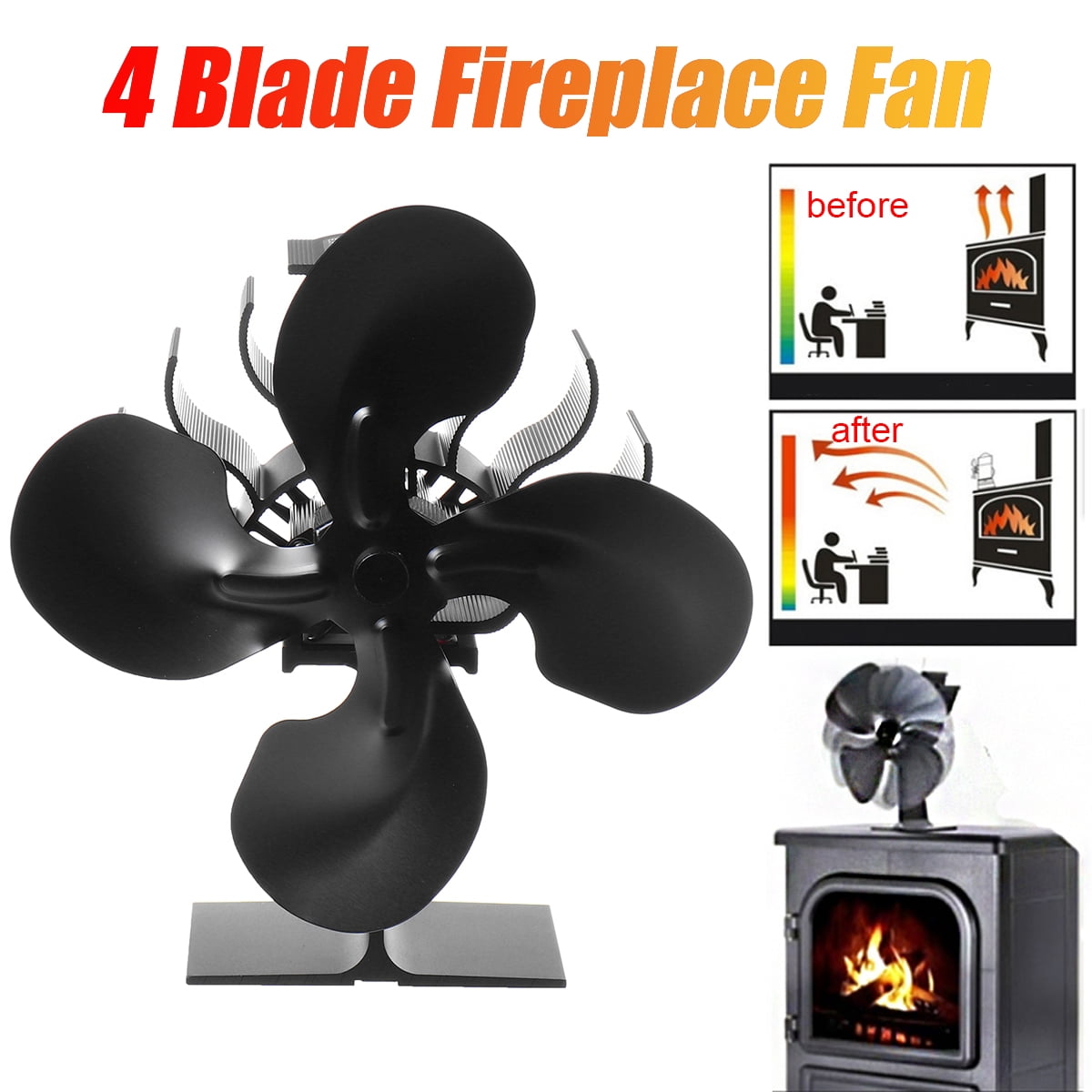Thermodynamic Fireplace Fan Freestanding 4Blade Heater Powered for