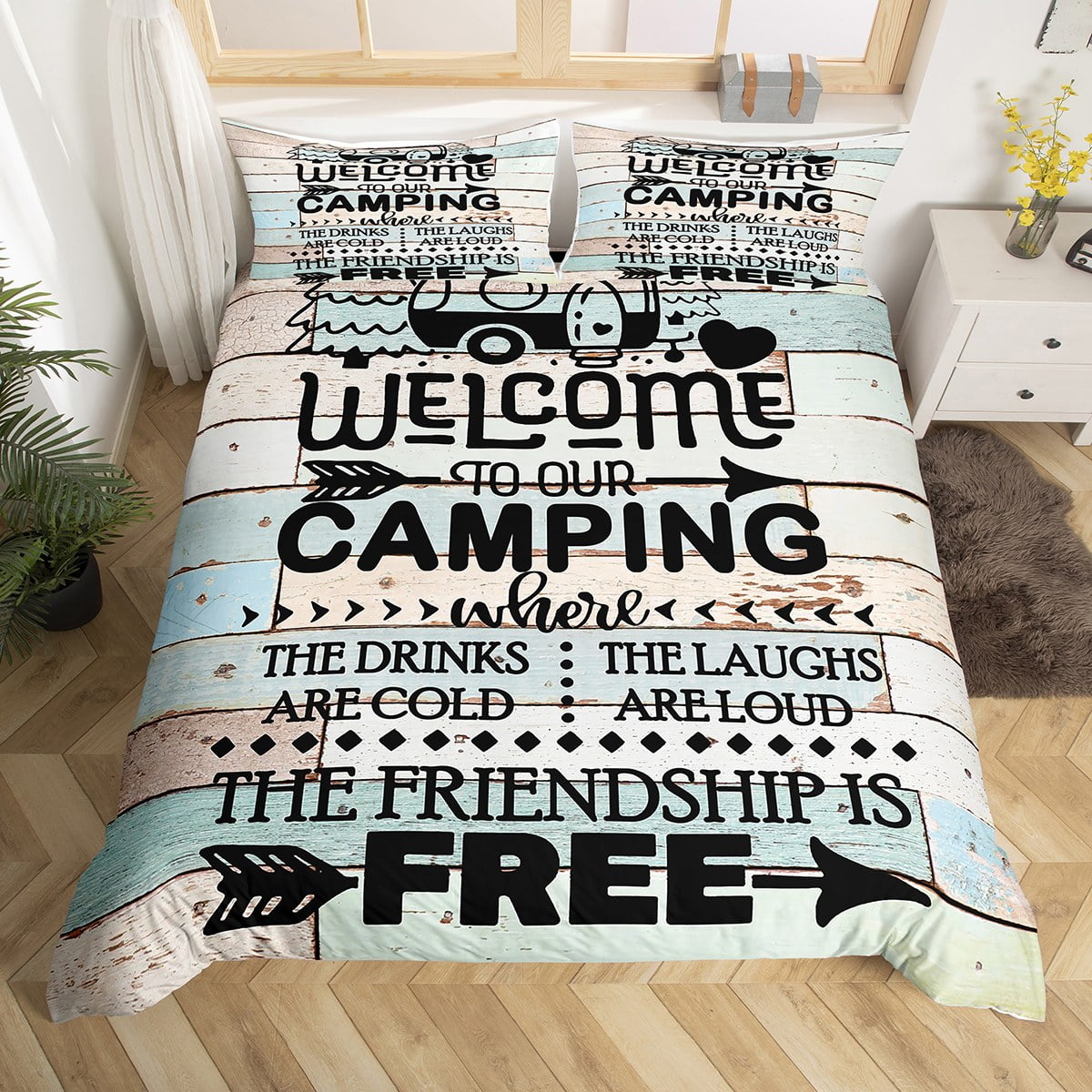 Camper Bedding Set Wood Backdrop Camp Travel Car Comforter Cover
