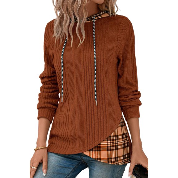 Women's Chestnut Plaid Patchwork Hooded Top – Ribbed Knit Long Sleeve Casual Layer for Daily Wear [ZhiHiMeRi] | L