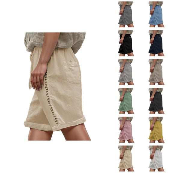 Bermuda Shorts for Women Knee Length Summer Casual Cotton Linen Hollow out Elastic Waist Straight Leg Shorts with Pockets