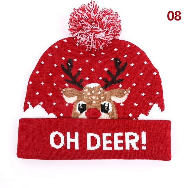 Christmas Hats Santa Elk Knitted Beanie Hat With LED Light Up Gift For Kids