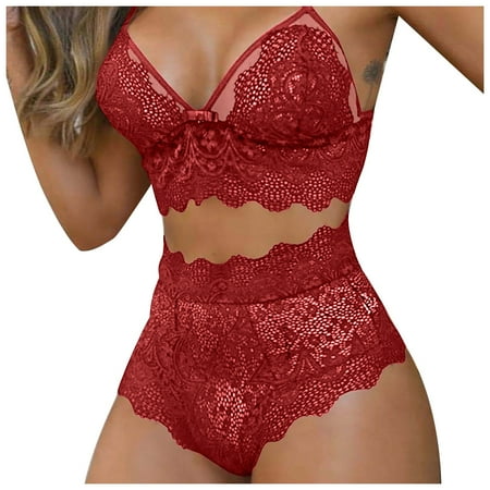 

Qcmgmg Women s Babydoll Lace Sexy Lingerie Set Nightwear Strappy Bra and Panty Set M