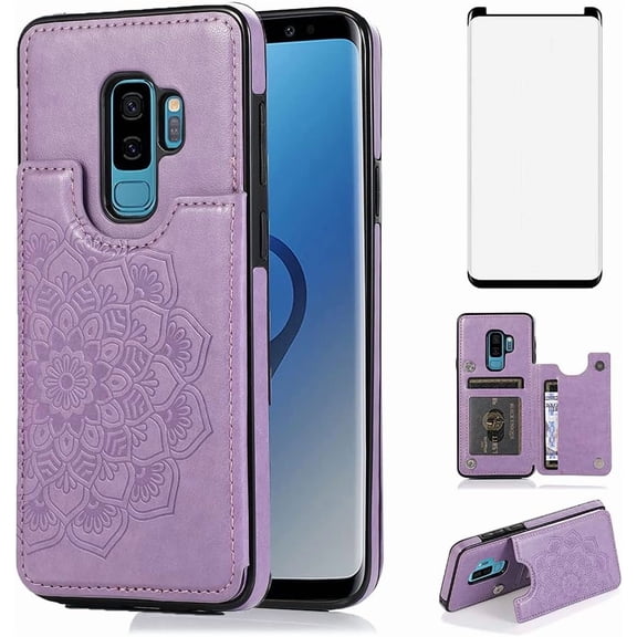 Design for Samsung Galaxy S9 Plus/S9 Wallet Case,PU Leather Phone Cases with Screen Protector Card Holder,Stand Flip Shockproof Flip Protective Cover for S9plus Girls Women 6.2 inch Purple