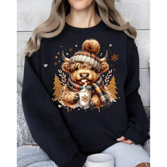 Cute Highland Cow Christmas Sweatshirt, Cozy Holiday Cow Shirt with Hot Cocoa and Trees, Winter Fluffy Cow SWEATSweatshirtfor Xmas Fans