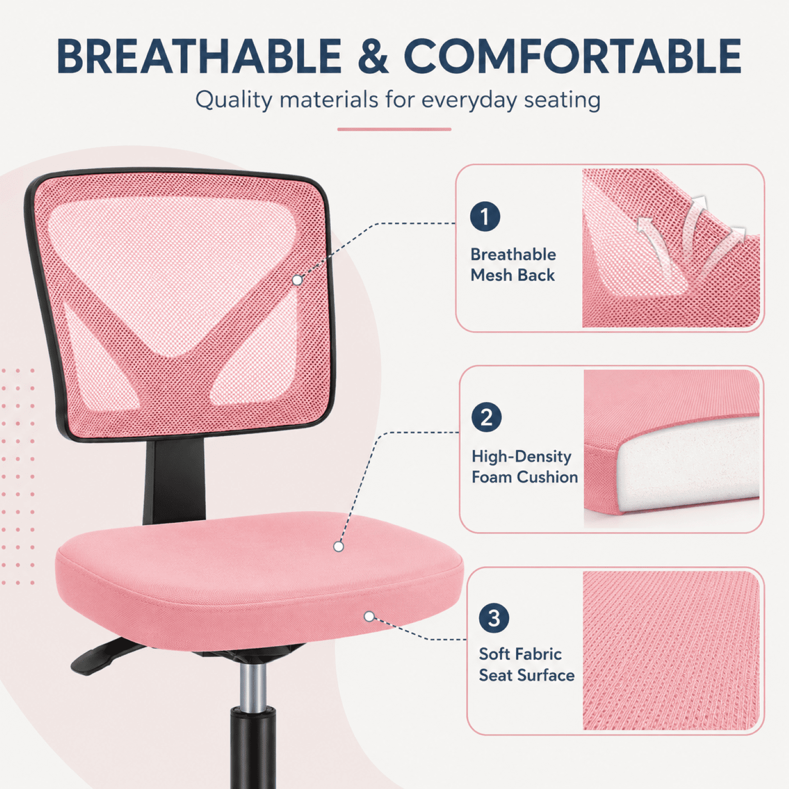 Kelno Small Desk Chair with Wheels Adjustable Computer Desk Chair with Lumbar Support Mesh Ergonomic Low-Back Office Chair, Pink