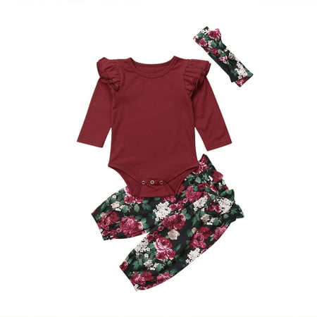 Baby Girls Ruffle Fly Long Sleeve Romper and Floral Pants Fall Winter Clothes Set with Headband