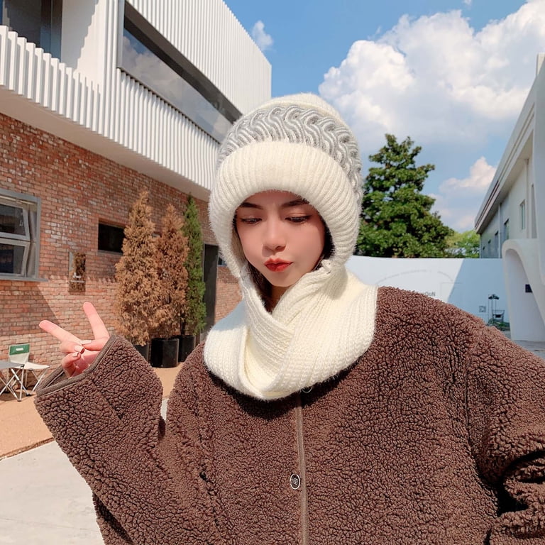 Women Brown Hooded Scarf Winter Beanie Hats Beanies Knitted Crochet Hat Coldproof Warm Beanie With Pom Classic Hooded Scarf | DailySale main image 3