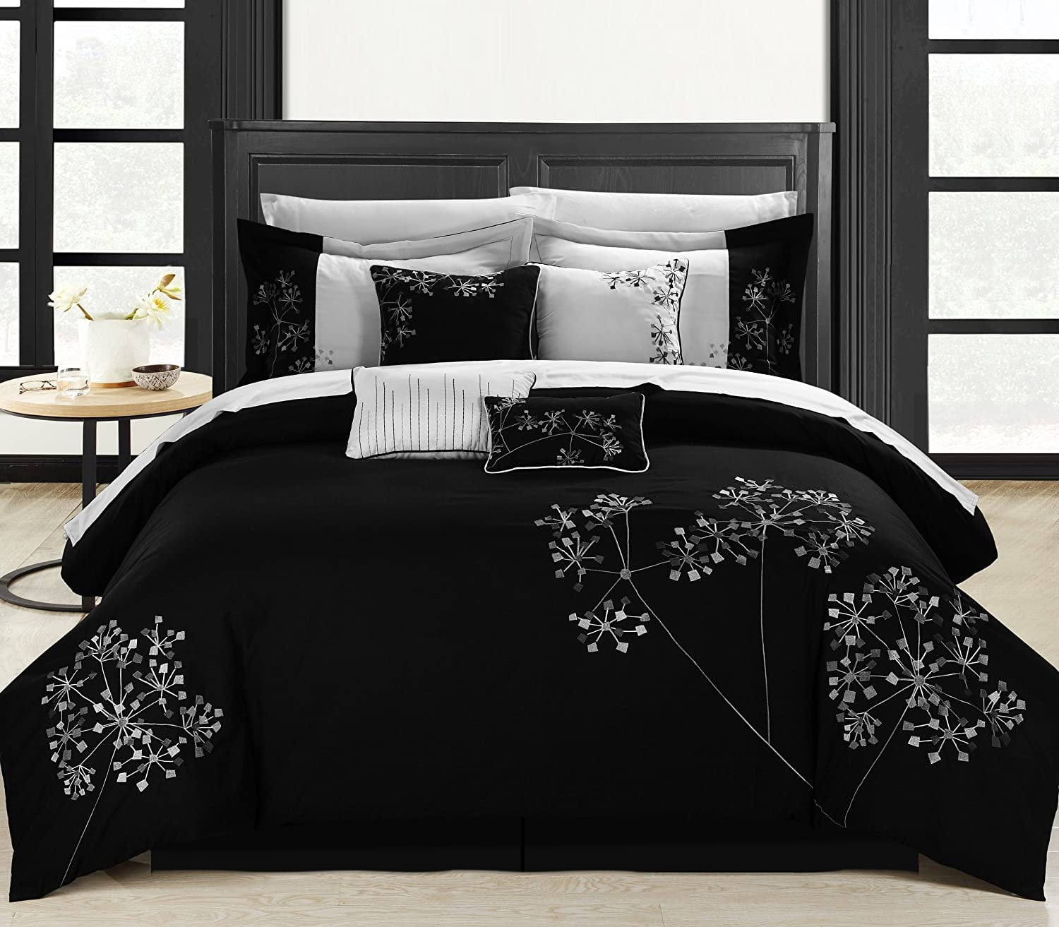 Chic Home Pink Floral Black/White Queen 12Piece Bedding Embroidered