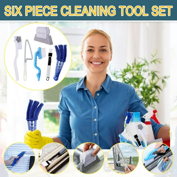 Window Cleaning Brush Set 6 Piece, Multi Function Tool for Track Gap, Nylon Bristle with Hanging Holes, Sponge Dustpan Blind Brush Combo and Durable Polypropylene Handle