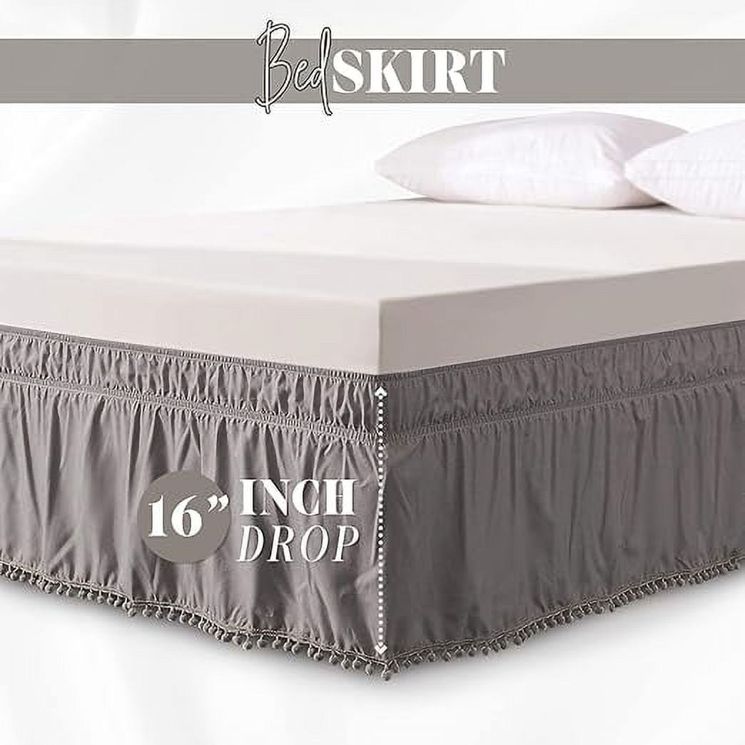 Elegant Comfort Ella Collection 1-Piece Pom-Pom Bed Skirt - 16-Inch Drop, 1500 Thread Count, Easy Wrap Around Elastic, Wrinkle Resistant, Queen/King, Essential Gray