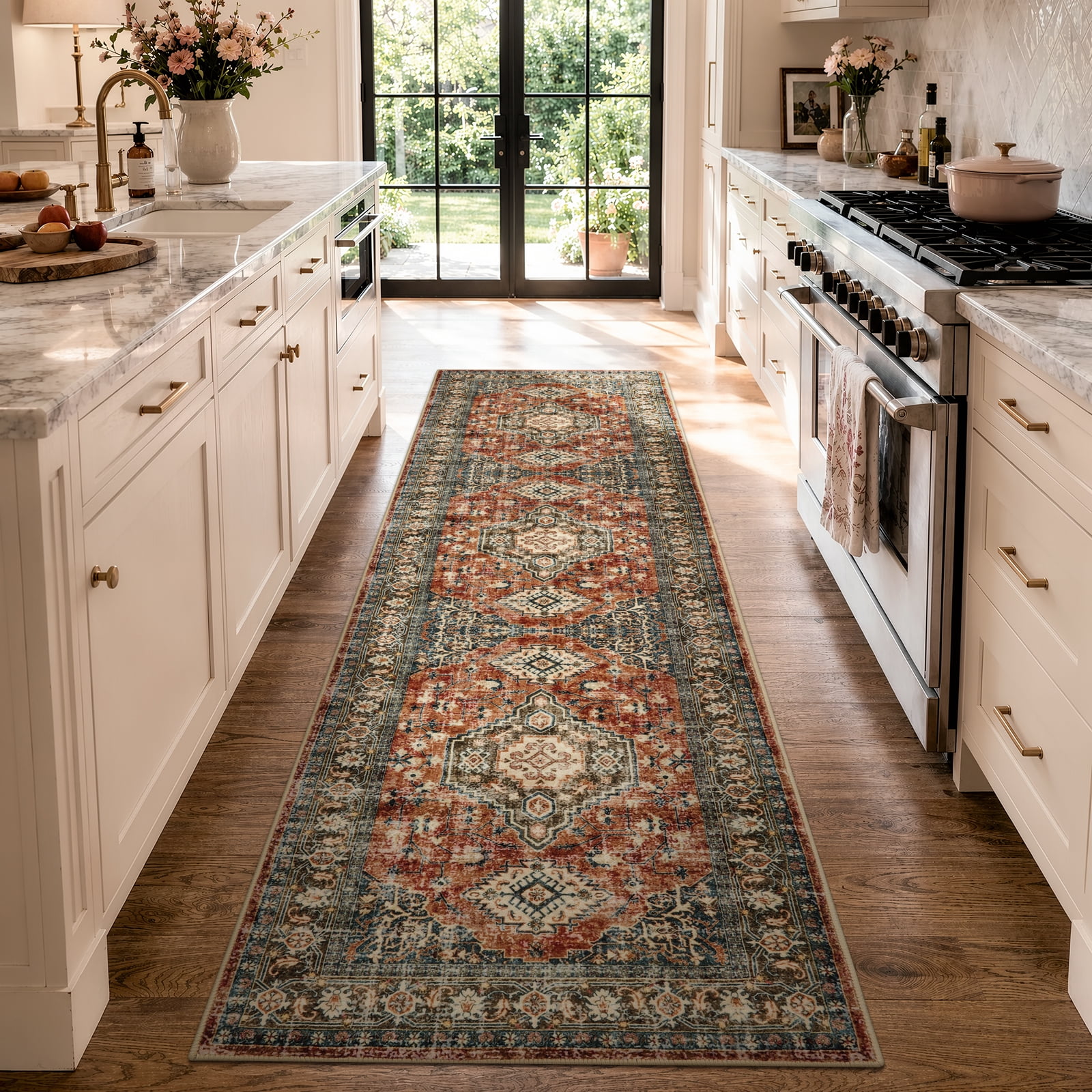 Lahome Washable Runner Rug, 2x8 Non-Slip Boho Vintage Hallway Rug Runner with Rubber Backing, Stain Resistant，Low Pile Faux Wool Distressed Carpet Runner for Bedroom, Kitchen, Laundry, Entrance