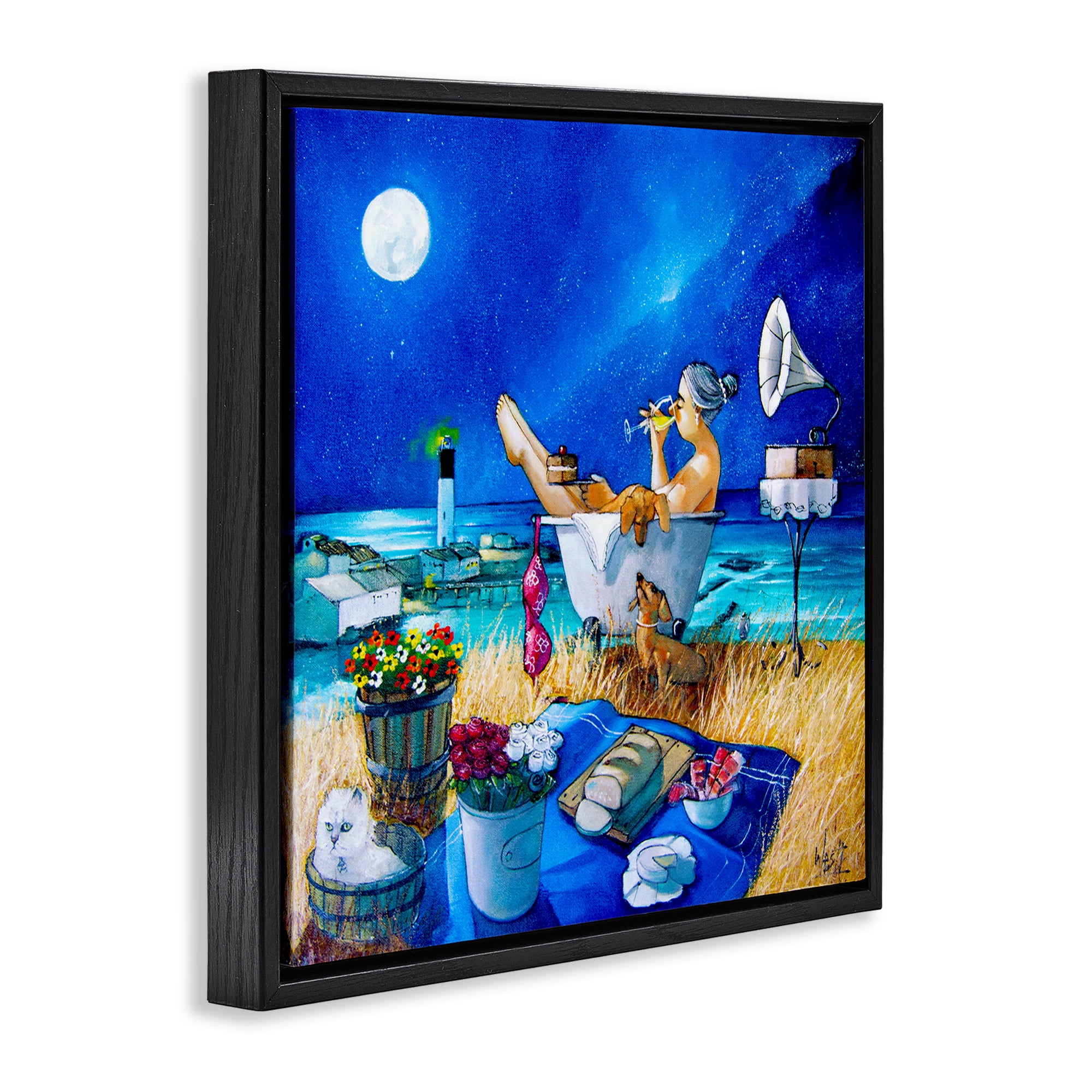 Stupell Industries Nighttime Bath by Sea Food & Beverage Painting Black Floater Framed Canvas Art Print Wall Art, 25 x 25