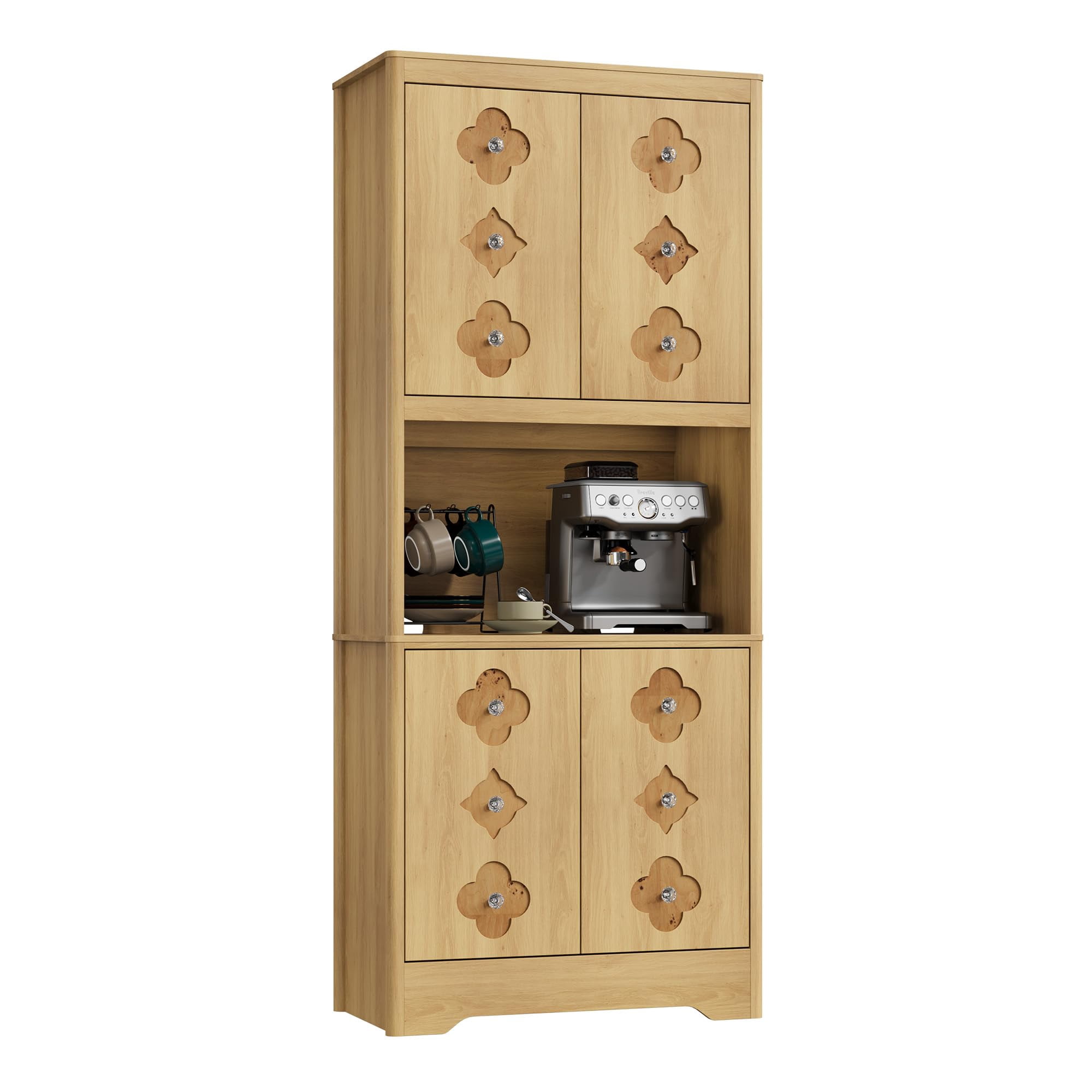 Kitchen Pantry Cabinet, 72" Tall Storage Cabinet with Countertop, Freestanding Wooden Hutch Cupboard with Carved Door & Crystal Handle, for Dining Room, Living Room