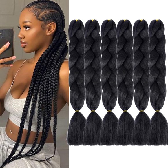 shiyou-Jumbo Box Braiding Hair Extensions 24 Inch Black High Temperature Synthetic Fiber 6 pcs Colored Braiding Hair Twist Crochet Braids for Black Women(24",1B)
