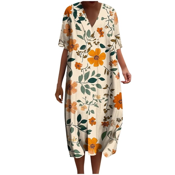 Dazajoo Plus Size Womens Midi Summer Dress V Neck Short Sleeve Boho Sundress 2025 Vacation Beach Floral Dress,Orange,XXL