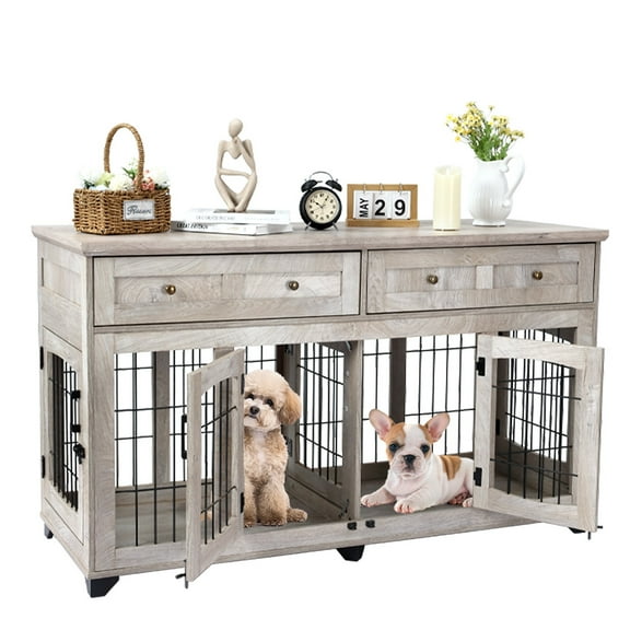 Entertainment Center & Dog Crate in One | 2-Room Wooden Kennel with Drawers for Living Room Organization