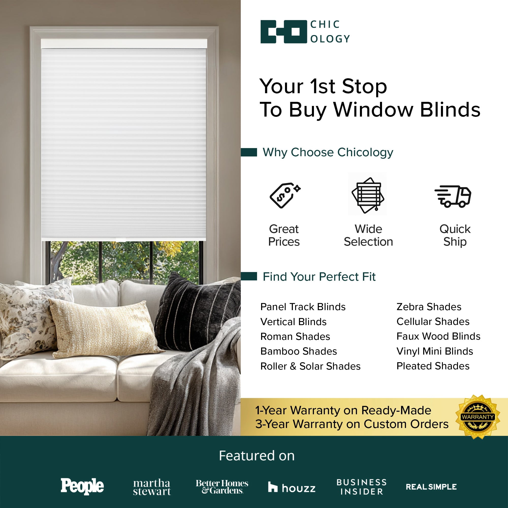 Chicology 44"W X 72"H Cordless Double Cell Cellular Shades Light Filtering White
