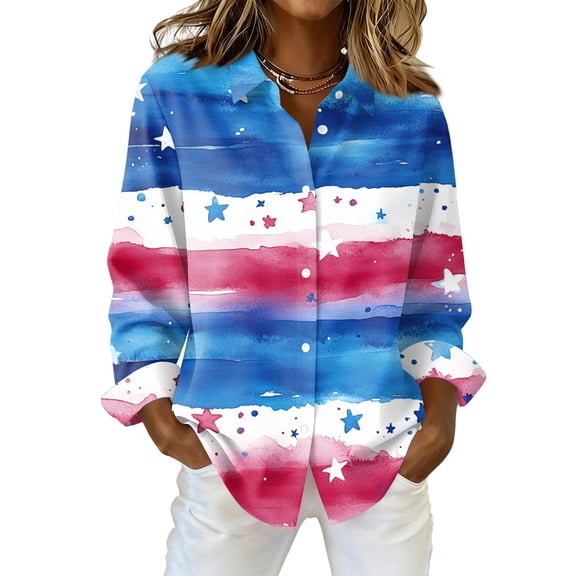 LNZGNM 250 Anniversary USA Polo Shirts for Women Dressy American Flag Tops Button Down Long Sleeve Blouses for Office, Blue, L