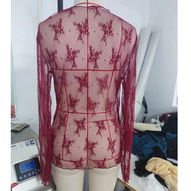 Top transparente de malla de manga larga, manga larga de encaje para mujer Top sin forro de encaje para mujer Blusa transparente de encaje de manga larga Claridad notable