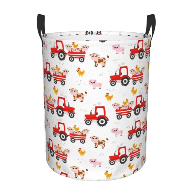 Balery Tractor With Farm Animals Cesta de ropa redonda con asas, impermeable, independiente, para ropa, juguetes, dormitorio y familia-Medium