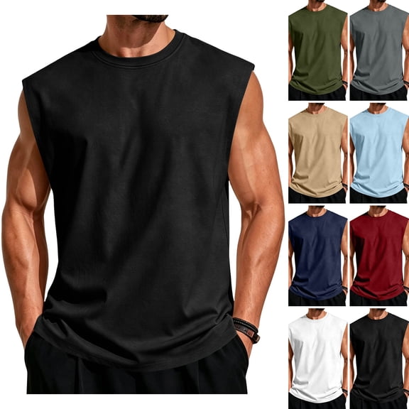 WULMLEO Mens Sleeveless Shirts Cotton Workout Tank Tops Cut Off Gym Muscle Loose Fit Tees Black S