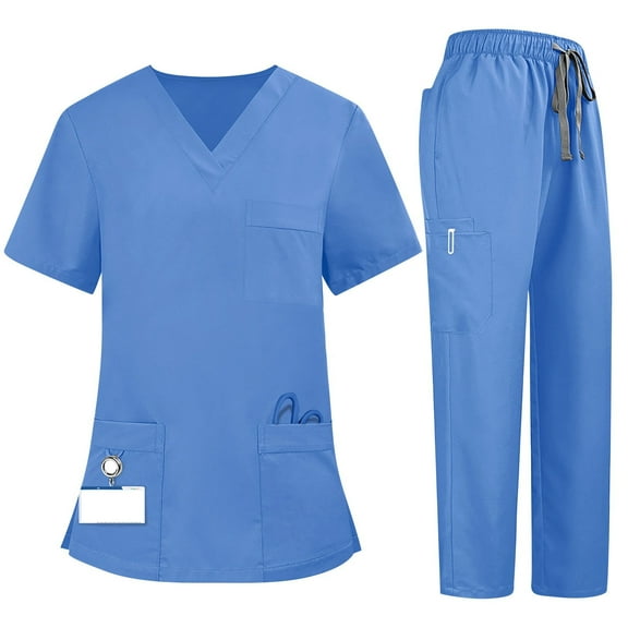 Women'S Scrub Set, Women's Quick-Dry 2-Piece V-Neck Scrub Uniform Set - Short Sleeve Work Tee & Pants with Pockets, Solid Color, Comfort Fit, Four Seasons Ab Blue