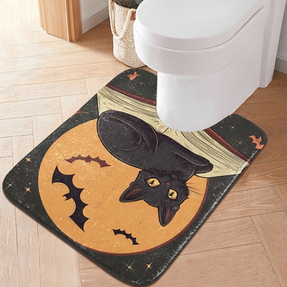 Yayeee Bath Rug for Bathroom Floor Non Slip Contour Fluffy Soft Absorbent Mat, 20"x24", Orange Halloween Cat