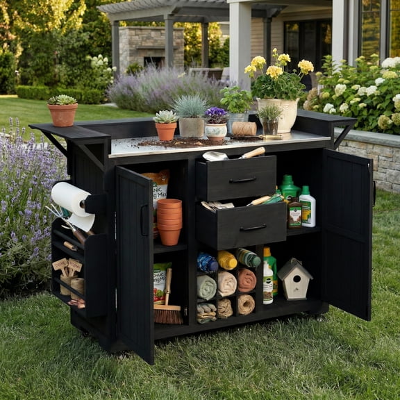 YIYADO Modern 60.2''W Outdoor Kitchen Island with Wheels, Rolling Patio BBQ Kitchen Cart with Stainless Steel Top, Wood Grill Cart with Spice Rack & Wine Rack, 2 Drawers, Black