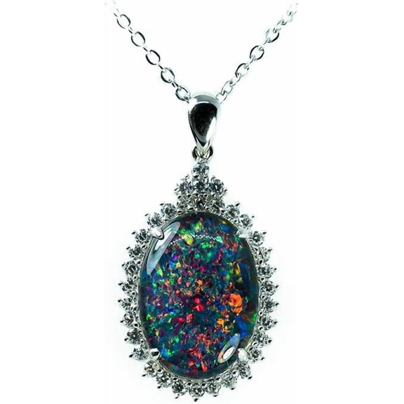 GemEmoprium Triplet Oval Fire Genuine Opal Necklace Pendants 925 Sterling, Silver