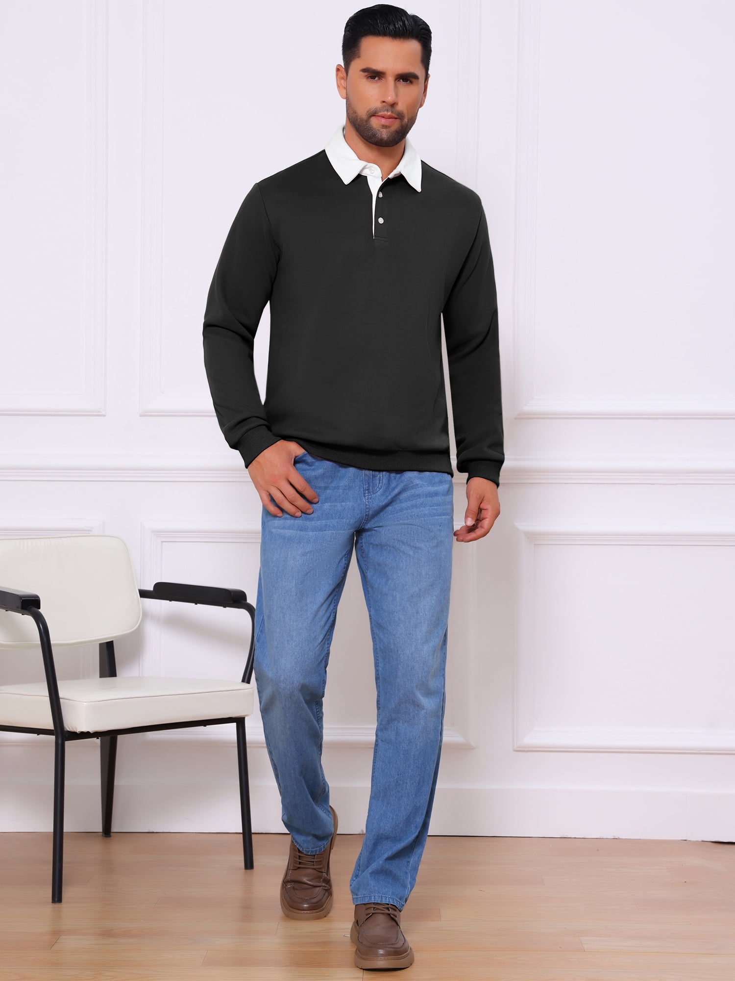 DARING DIVA Men's Contrast Collared Long Sleeves Pullover Polo Sweatshirt S Black